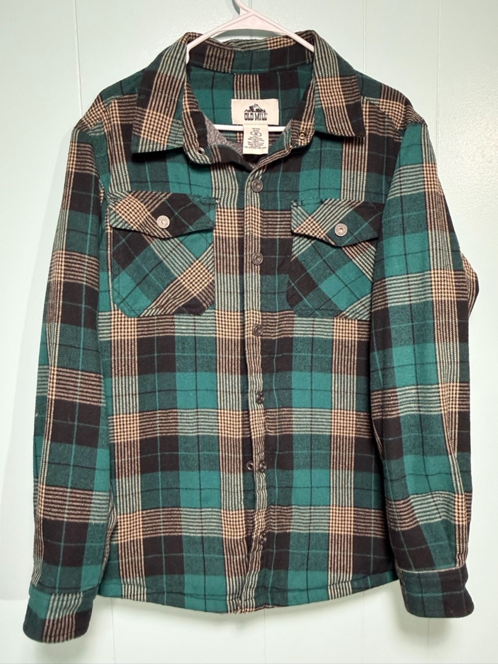 Old Mill Teal and Black Plaid Flannel Shirt Jacket Snap Buttons Size Medium